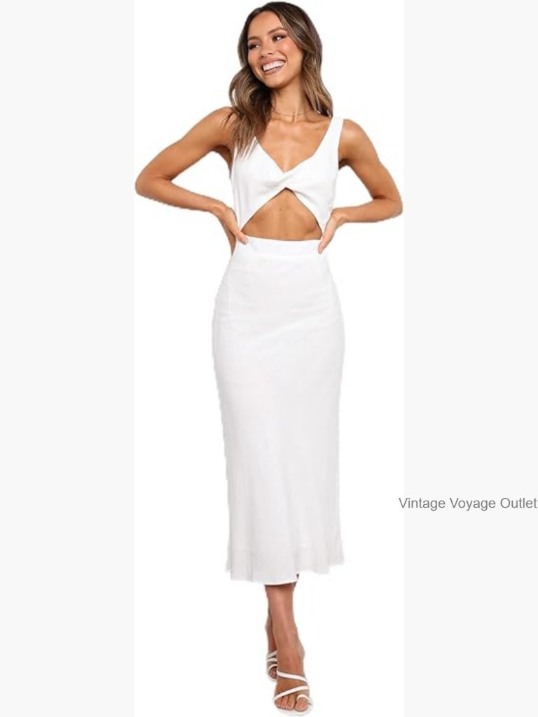 Midi Bodycon Dress With Bust Twist Detail, V-Neck, Sleeveless, Lightweight